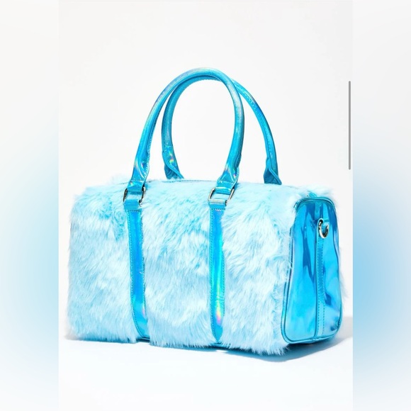 Rare Sugar Thrillz Small Blue Holographic Fur Duffel Bag Tote - Picture 11 of 12